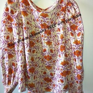 NWOT Long sleeve pink and orange boho peasant blouse with smocking
